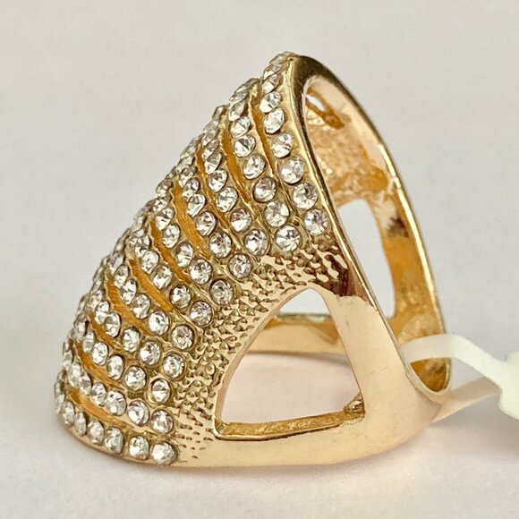 Deco Dome Cubic Zirconia Cocktail Ring Yellow Gold Plated Size 7 8 9 Statement - Picture 10 of 16